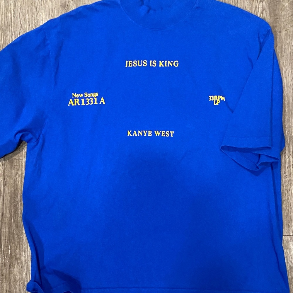 Blue Graphic T-Shirt with Yellow Text Kanye West
